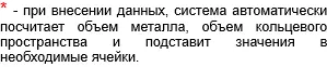 * - при внесении данных, система автоматически посчитает объем металла, объем кольцевого пространства и подставит значения в необходимые ячейки. 